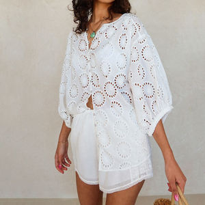 เสื้อลูกไม้แขนยาวคอกลมสไตล์เรโทรคุณภาพสูง ตัดเย็บแบบโปร่งลายฉลุ  ผ้าลูกไม้ฝ้ายออร์แกนิค 100% แบบสั่งทำพิเศษ - Product Image 5