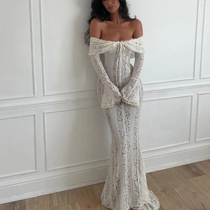 Vestido de Encaje con Hombros Descubiertos, <span class=keywords><strong>Manga</strong></span> <span class=keywords><strong>Larga</strong></span>, Corte Evase, Cintura Alta y Falda de Cola de Pez, Casual y Elegante para Mujer - Product Image 3