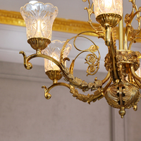 Lustre en métal doré antique avec abat-jour en verre gravé, 6 bras, style baroque classique, LED 5000K lumière du jour, lampe de plafond pour salon