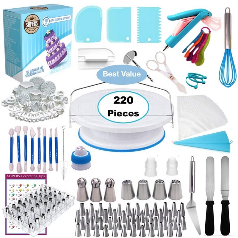 220pcs Cupcake Icing Piping Bags Tips Set Cake Turntable Decorating Fondant Tool Set Cake Decoration Baking Tools for Beginners