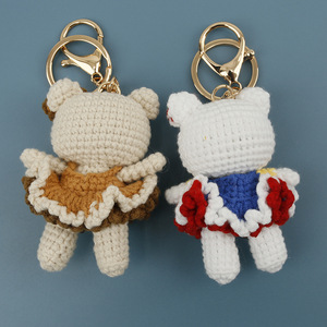Porte-clés chat en crochet fait main avec nœud, chat blanc et brun avec nœud perlé, robe à volants, fermoir mousqueton doré, breloque <span class=keywords><strong>de</strong></span> sac - Product Image 3