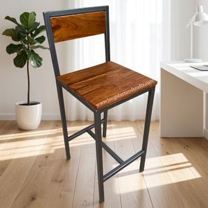 Chaise de bar industrielle moderne avec assise et dossier en bois, structure en métal, pour bar à domicile, cuisine, café, restaurant. - Product Image 3