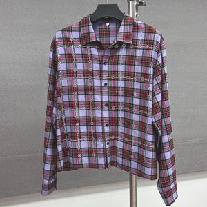 Streetwear à la mode décontracté boutonné T-shirts hommes surdimensionné strass à manches longues t-shirt personnalisé flanelle coton chemise à carreaux - Product Image 1