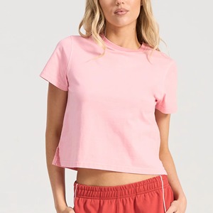 Camiseta Corta Rosa para Mujer, Cuello Redondo, Color Sólido, Informal, de Jersey de Algodón Transpirable, para Primavera y Verano - Product Image 1