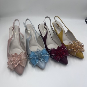 Sandali da Donna con <span class=keywords><strong>Tacco</strong></span> Alto, Punta Affusolata, Slingback in PU, Fiore 3D in Cristallo, Strass, <span class=keywords><strong>Tacco</strong></span> Piatto, <span class=keywords><strong>Scarpe</strong></span> da Festa - Product Image 1