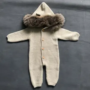 Manteau d'hiver à capuche personnalisé pour bébé garçon et fille, vêtement d'extérieur tricoté mignon, barboteuse en fourrure de renard pour bébé