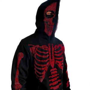 Sweat-shirt à capuche gothique pour homme avec imprimé squelette en strass, coupe oversize, manches classiques, en polyester tricoté, streetwear d'automne - Product Image 5