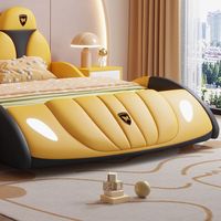 LED Lighted Lamborghini Race Car Bed for Boys Twin Size Yellow Kids Racing Car Bed with Headlights Upholstered Toddler Bed