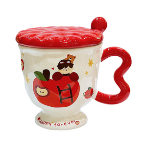 Mug en céramique Apple Girl avec couvercle et cuillère, design mignon de dessin animé, pour café, petit-déjeuner, usage domestique, tasse individuelle - Product Image 2