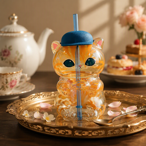 Tazza in Vetro Borosilicato Fusa da Forni ad Alta Resistenza, Realizzata a Mano, Stile Giapponese, Motivo Gatto Arancione Mofusand e Gatto Squalo Fushandi, Nuova Collezione Transfrontaliera - Product Image 5