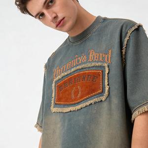 Fabricant OEM/ODM de T-shirts Streetwear : T-shirt Homme Hreniv's <span class=keywords><strong>Bard</strong></span> avec Patch en Cuir, Délavé Vintage, Ourlet Effiloché - Product Image 3