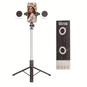 Trépied de téléphone sans fil réglable compatible BT avec anneau lumineux LED, support de bureau antidérapant 4-en-1, perche à <span class=keywords><strong>selfie</strong></span> pour TikTok et diffusion en direct - Product Image 1