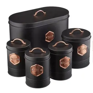 5 pcs食品储物罐黑色金属家用厨房面包箱容器饼干茶咖啡糖罐套装