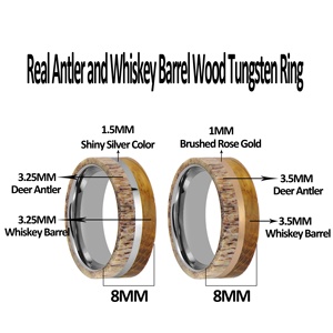 Real Deer Antler and Whiskey Barrel <strong>Wood</strong> <strong>Inlaid</strong> Men's Tungsten Wedding Ring - Product Image 2
