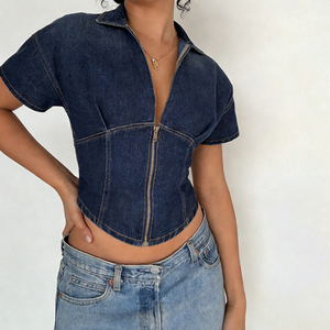 Camiseta de Verano Y2K Sexy para Mujer, Cuello en V, Corte Ajustado, Estilo Denim, Cierre de Cremallera, Manga Corta, Top de Moda para Dama - Product Image 3