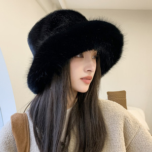 Faux <b>Fur</b> Mink Bucket Hat Gray Beige White Warm Windproof Winter Women's Hat Elegant Style Plush Fisherman Hat - Product Image 2