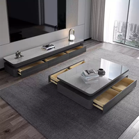 Ensemble table basse et meuble TV carré en bois, design moderne et luxueux, durable, avec plateau en pierre frittée et rangement, pour salon et maison