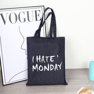 Sac fourre-tout en denim de coton bleu foncé écologique personnalisable avec impression sérigraphique - Product Image 3