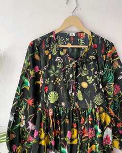 Floral Print <b>Boho</b> Long Sleeve Tie Neck Midi <b>Dress</b> Loose Fit Woven Cotton Casual <b>Summer</b> <b>Dress</b> - Product Image 2