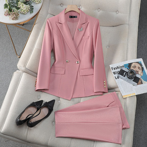 Women's Pink <b>Blazer</b> Suit <b>Set</b> Double Breasted Office Lady Style Anti-Wrinkle Pencil Pants Professional Work Wear - Product Image 1