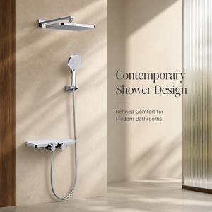 Ensemble de douche mural moderne en laiton avec barre coulissante à double poignée, jets pluie et <span class=keywords><strong>massage</strong></span>, étagère de rangement et cartouche céramique - Product Image 3