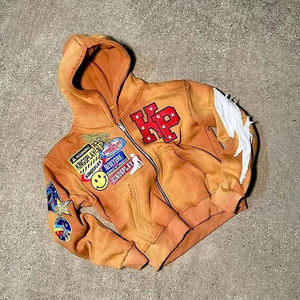 Benutzer definierte Logo Distressed gewebte Patchwork bestickte übergroße Reiß verschluss Hoodies Unisex Vintage Sun Faded Acid Washed Hooded Jacket - Product Image 4