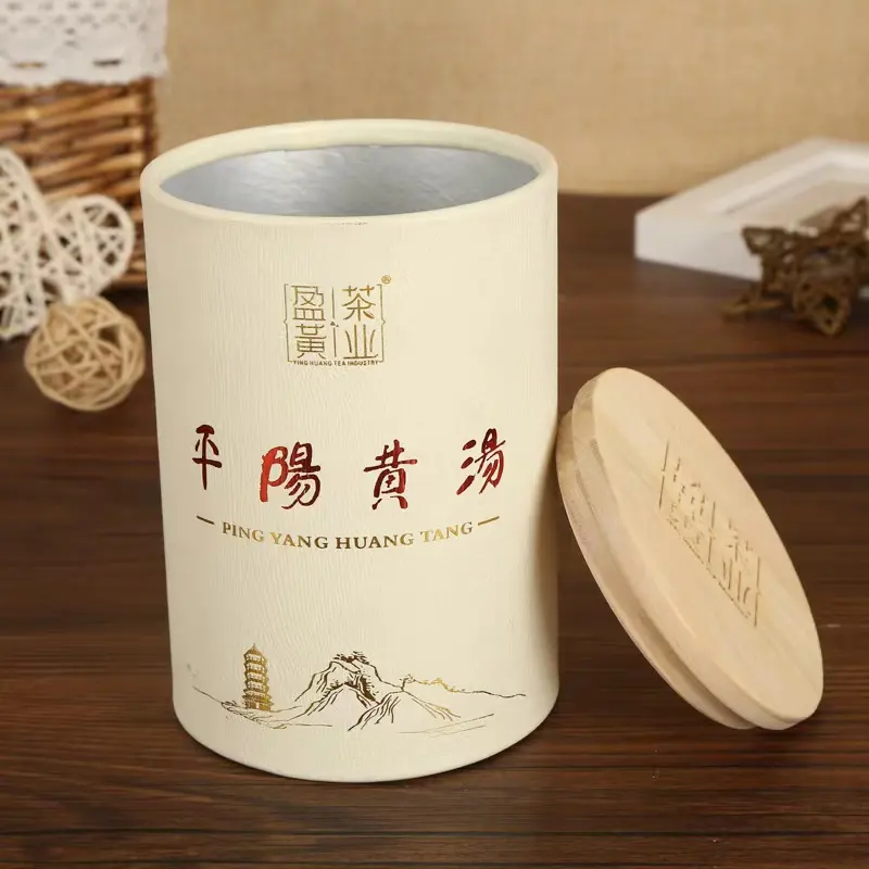 Eco-Friendly Custom Logo Size Wooden Lid Food Cookie Paper Can For Loose Tea