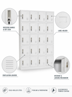 Armoire de rangement en acier à 20 portes, en acier laminé à froid, revêtement poudré, ventilée, capacité de charge de 50 kg par étagère, pour bureau, école, usine, entrepôt