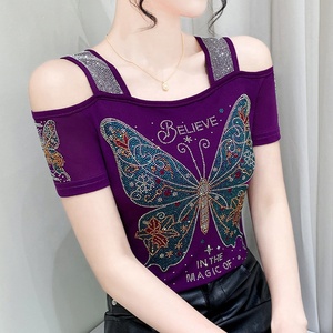 <span class=keywords><strong>Camiseta</strong></span> de Fiesta Personalizada para Mujer, con Lentejuelas <span class=keywords><strong>Brillantes</strong></span> y Pedrería de Mariposa, Sexy, con Hombros Descubiertos, Manga Corta, para Discoteca - Product Image 4