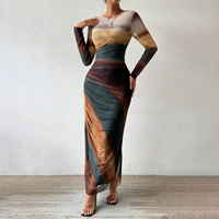 Livraison rapide C251125 Robe maxi en maille tie-dye pour femme, décontractée, à manches longues, moulante, pour tous les jours