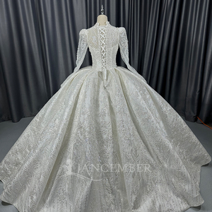 Lscm105 Royal Ivory Sheer Long Sleeve Ball Gown <b>Wedding</b> Dress Heavy Sparkling Floral Embroidery Lace Up Back Jancember - Product Image 4