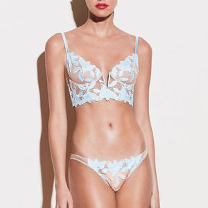 Conjunto de Lencería Sexy con Escote Profundo en V, Bordado Floral, Encaje, Sujetador Transparente Ultrafino y Tanga - Product Image 1