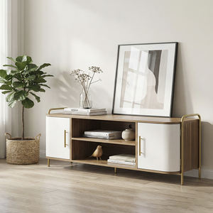 Meuble <span class=keywords><strong>TV</strong></span> au design profilé incurvé, console multimédia moderne à façade arquée avec étagères de rangement pour centre de divertissement de salon - Product Image 3