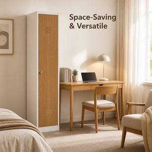 Wood Grain <b>Single</b> or Double <b>Swing</b> Doors Metal Locker Steel Storage Cabinet Wardrobe with Padlock for Office Home Staff Gym - Product Image 4