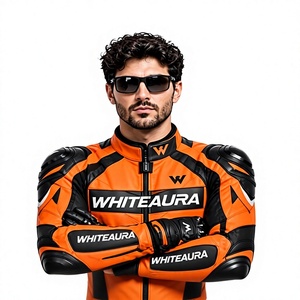 Combinaison de moto en cuir coupe-vent à manches longues pour homme WHITEAURA, orange et noir, respirante, toutes saisons, avec logo imprimé sur le devant - Product Image 2