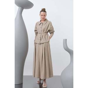 Puane Women's Elegant Belted Skirt Set with <b>Flowy</b> Fabric Plain Dyed Button Detail for Office & Special Occasions Mink Color - Product Image 1