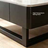 Ensemble de tables basses rondes modernes avec tiroir de rangement, finition marron foncé mat et table d'appoint en verre trempé noir