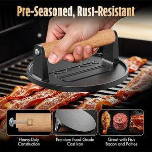 Smash Burger Press Smasher de hierro fundido pre-sazonado Smasher 2 lb Heavy-Duty Grill <span class=keywords><strong>Bacon</strong></span> Meat Press Tool con mango de madera - Product Image 4