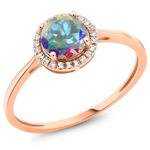 แหวนหมั้นประดับพลอยทรงกลมชุบทองคำขาว 14K ประดับด้วยเมอร์คิวรี มิสติก โทแพซ และเพชร CZ สีขาว - Product Image 1