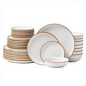 32-Piece White Ceramic Scenic Pattern <b>Dinnerware</b> <b>Set</b> Gold Rim 8 Servings Includes Plates Bowls Durable Everyday Use Tableware - Product Image 3