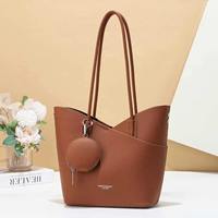 Ensemble de sacs fourre-tout en cuir PU pour femmes, deux pièces, avec détail pompon, sac à bandoulière zippé pour usage quotidien