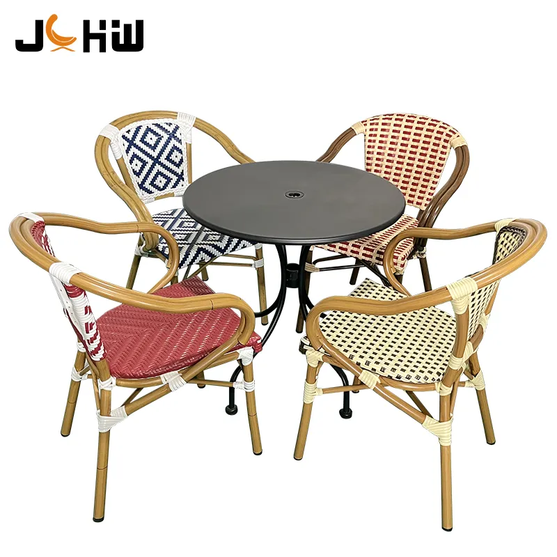 Patio stacked French wicker rattan cafe bistro chair bamboo garden patio furniture set