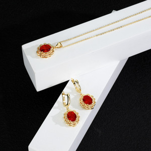 Luxury Vintage <b>Ruby</b> Emerald Jewelry Set Gold Plated CZ Halo Pendant <b>Necklace</b> Dangle Earrings for Women Bridal Party Gift - Product Image 3