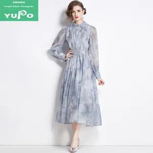 Droma 2024 wholesale price fashion turn down collar long sleeve dress elegant floral casual dresses for women