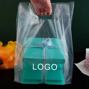カスタム透明マットフロストフードは、コーヒーピザのバースデーケーキ用のロゴ付きのプラスチック製キャリーショッピングバッグに持ち帰ります