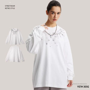 Camiseta Blanca Oversize de Manga Larga con Estampado de Cadena, Estilo Urbano, Top de Algodón Tejido para Hombre, 305G - Product Image 1