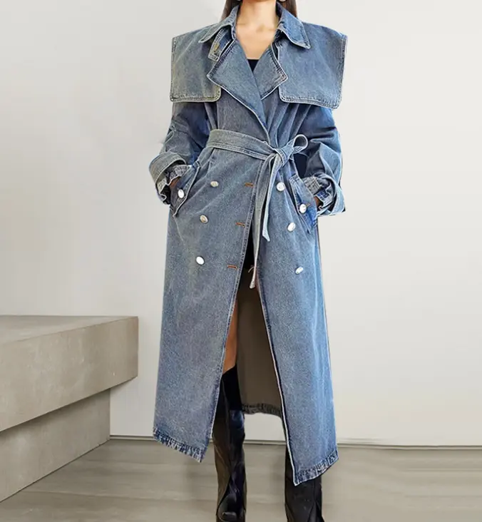 Mulheres Denim Trench Coat 2023 Outono Inverno Double Breasted Lace Up Solto Longo Jean atacado