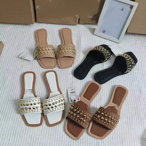 Women's Rhinestone Strappy Slide <b>Sandals</b> <b>Flat</b> Heel Gray Black Gold Colors Fashion Summer Shoes - Product Image 4