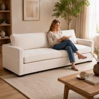 Canapé moderne trois places ultra long en velours blanc, accoudoirs bas, double coussin, modulaire, autoportant, pour salon et appartement, en mousse