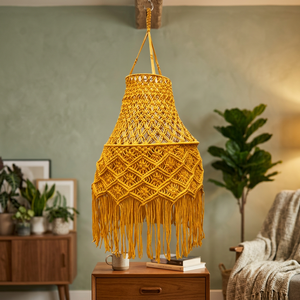 Basantpriya - Décoration murale en macramé jaune, style bohème, avec pompons, couvre-lampe suspendu, en coton fait main, pour la décoration intérieure de la chambre à coucher et du salon - Product Image 3
